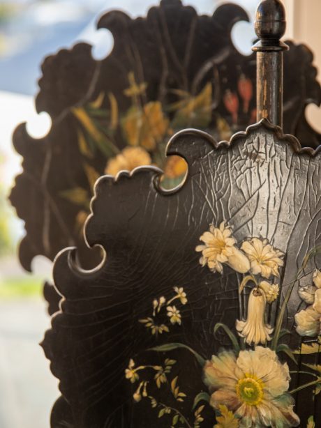 Pair of antique ebonised floral panel Pole screens c.1900