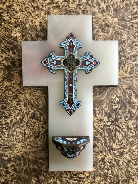 Antique French onyx marble and champlevé enamel crucifix benetier.