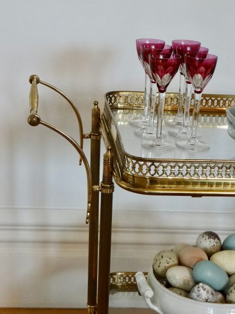 Petite Brass and Glass drinks trolley on castors