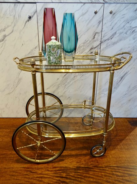 French brass & glass oval drinks trolley c.1950