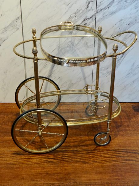 French brass & glass oval drinks trolley c.1950