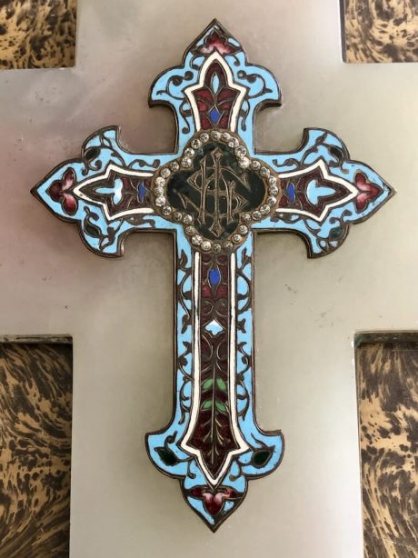 Antique French onyx marble and champlevé enamel crucifix benetier.