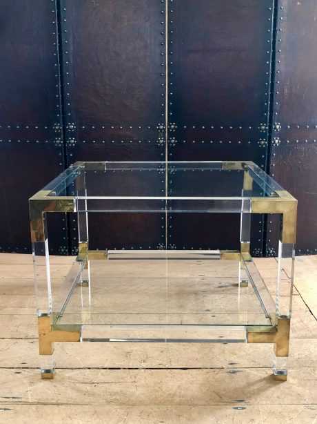 Pair of side tables in lucite, brass & glass c.1970