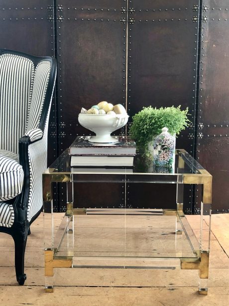 Pair of side tables in lucite, brass & glass c.1970