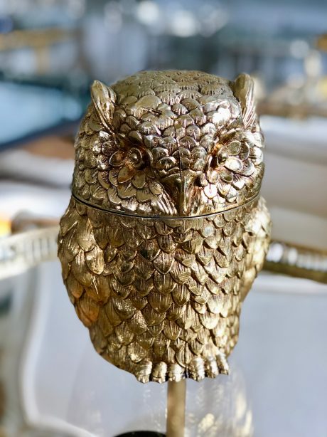 Iconic Italian owl gilt metal ice bucket designed by Mauro Manetti