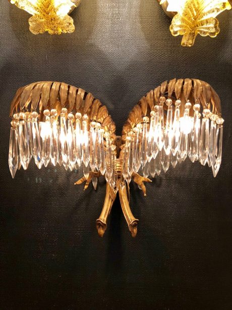 A pair of mid-century crystal & bronze palm frond wall sconces c.1940