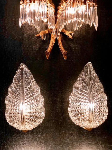 Italian Murano hand blown clear glass leaf and brass wall sconces