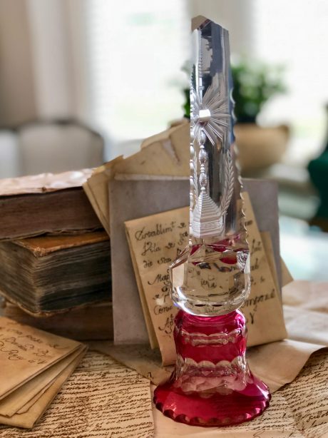 VSL cranberry coloured crystal column paperweight