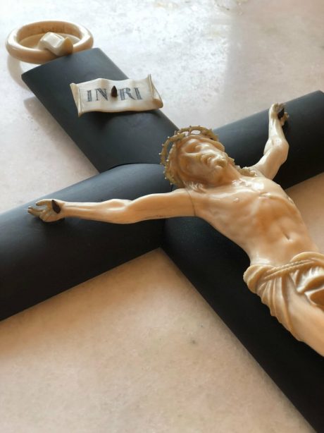 19th century ivory christ on an ebonised wooden cross