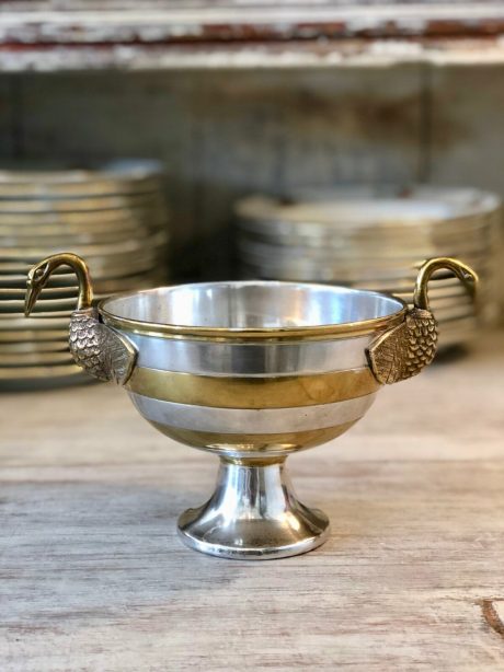 Silverplate and brass bowl with swan neck handles