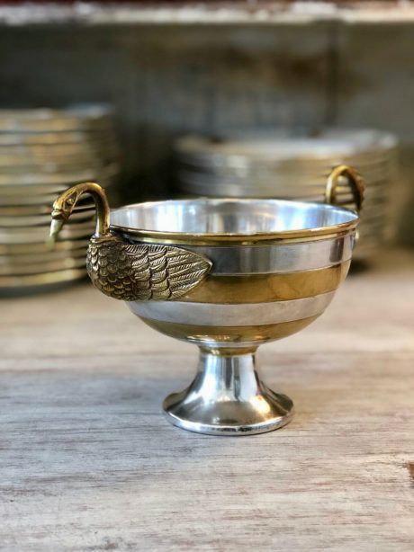 Silverplate and brass bowl with swan neck handles