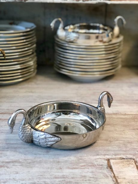 Pair of silver plated dishes with swan neck handles
