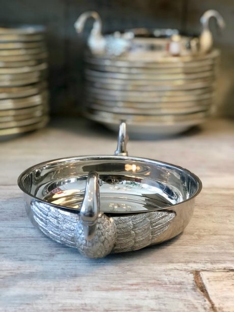 Pair of silver plated dishes with swan neck handles