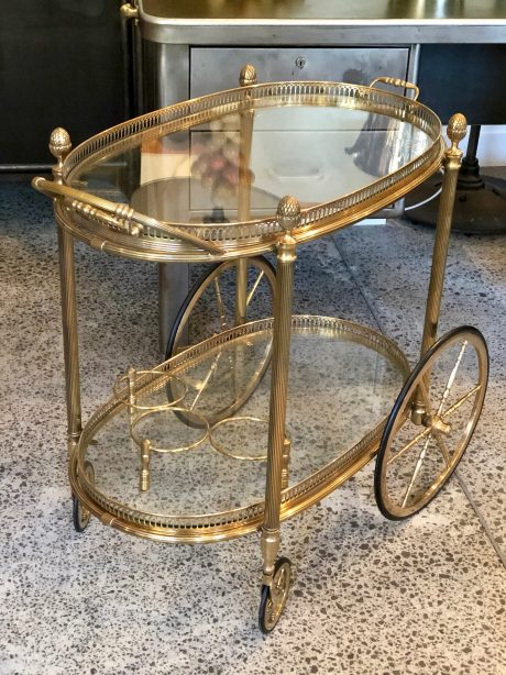 French brass & glass oval drinks trolley c.1950