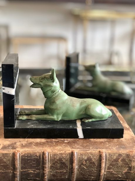 Bronze & Marble Art Deco dog bookends