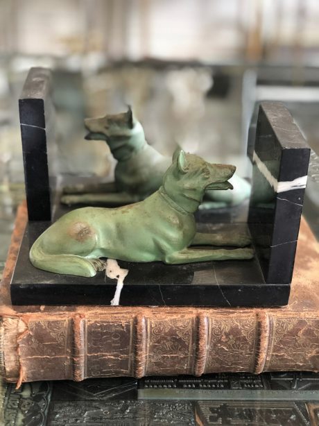 Bronze & Marble Art Deco dog bookends