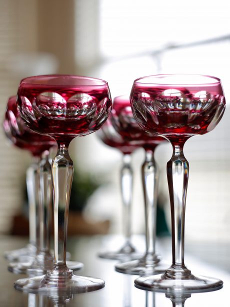 Six VSL cranberry crystal wine glasses