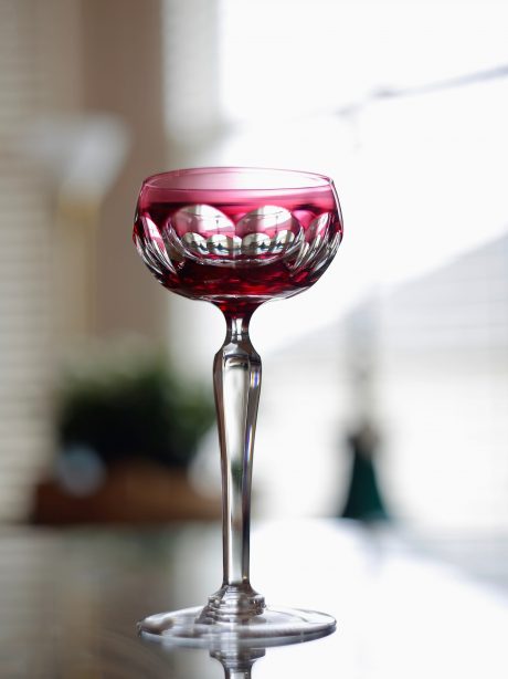 Six VSL cranberry crystal wine glasses