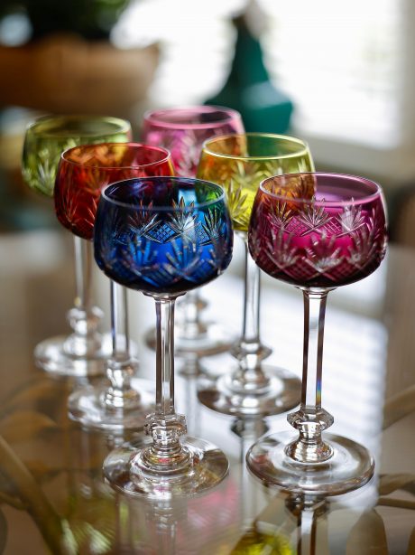VSL coloured set of crystal wine glasses