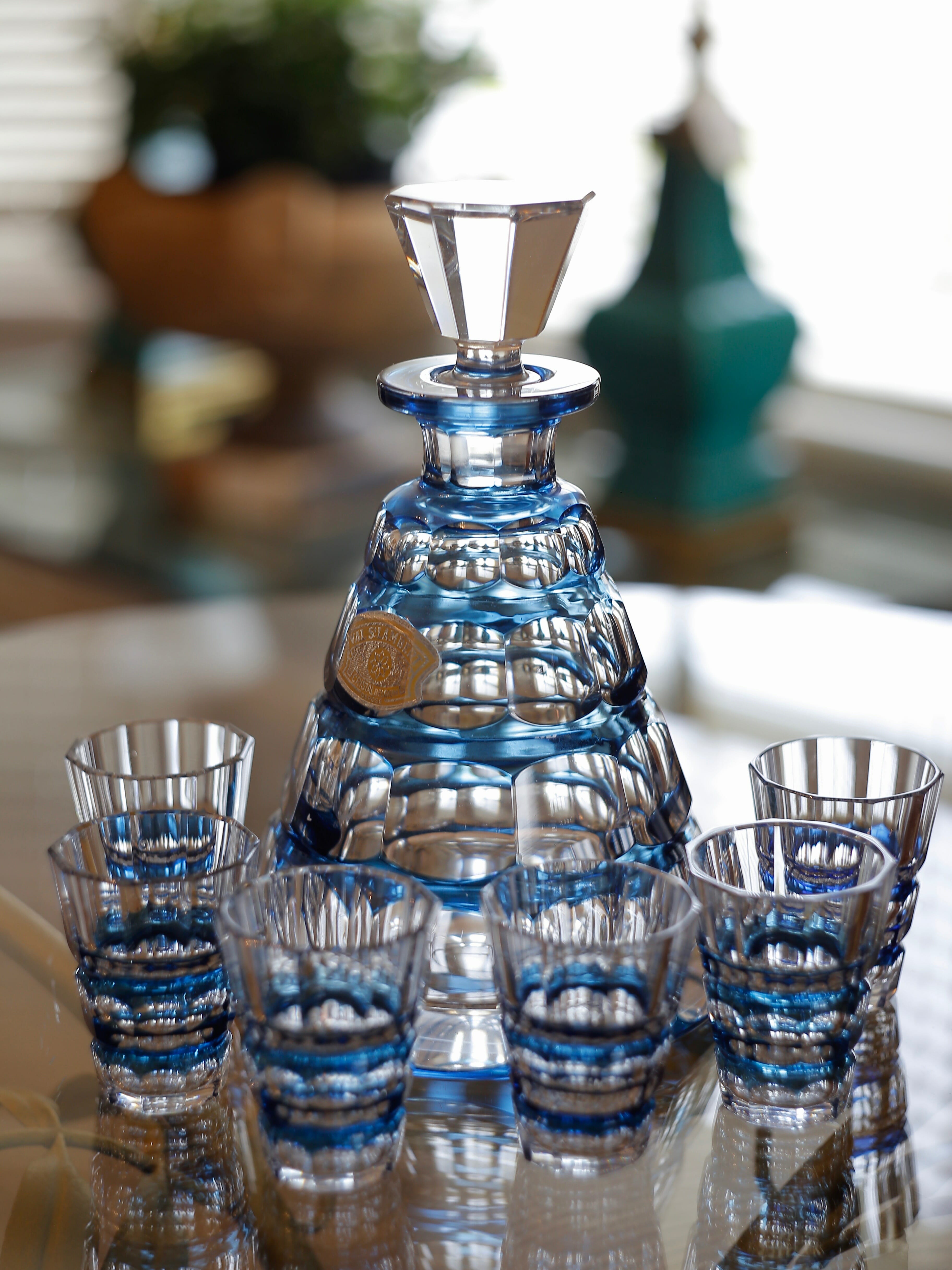 val st lambert french blue crystal art deco decanter set c st charles lighting store