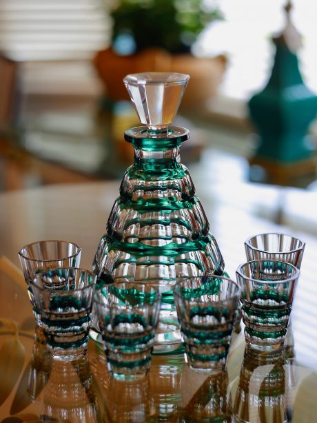 Val St Lambert Emerald green crystal Art Deco decanter set c.1930