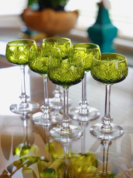 Set of six Val St Lambert lime crystal glasses