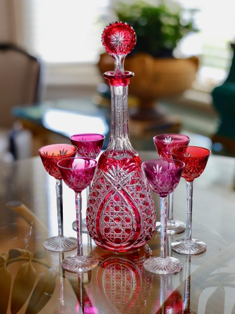 VSL cut crystal carafe with matching coloured liquer glasses