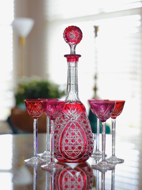 VSL cut crystal carafe with matching coloured liquer glasses