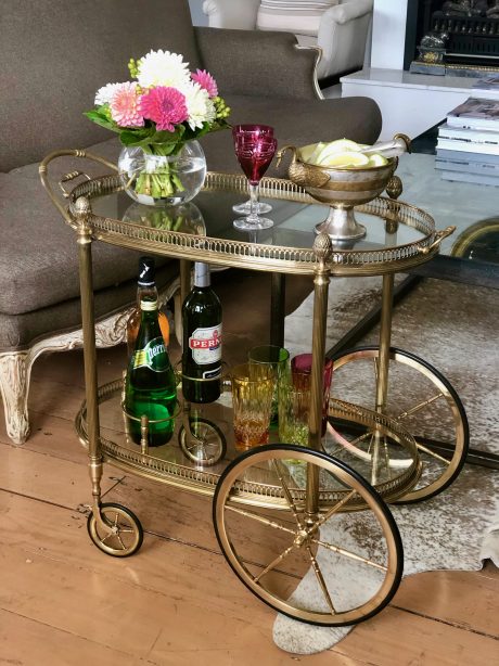 French brass & glass oval drinks trolley c.1950