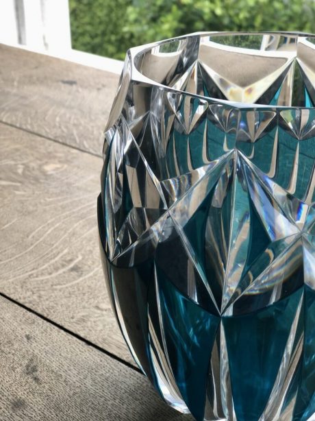 Art Deco petrol blue double cut crystal vase by Val St Lambert