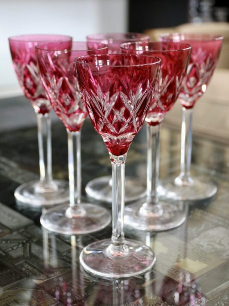 Set of six VSL Cranberry crystal wine glasses