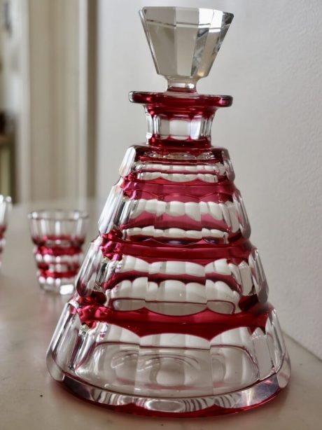 Val St Lambert cranberry crystal Art Deco decanter set c.1930