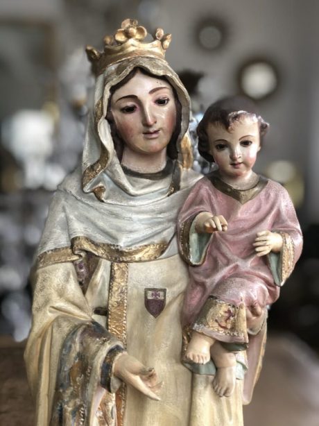 Antique polychrome Madonna and child statue c.1880