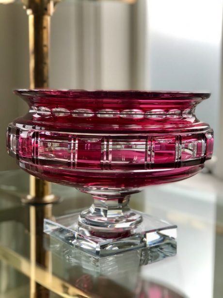 Val St Lambert cranberry cut to clear crystal pedestal bowl c.1920