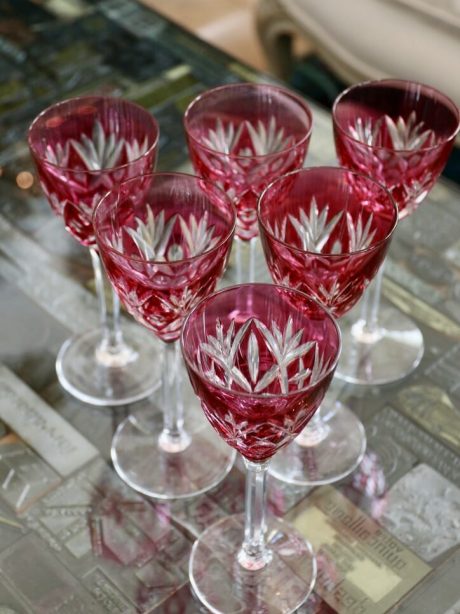 Set of six VSL Cranberry crystal wine glasses