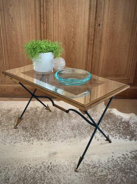 Bow and arrow gilt metal table with mirrored glass top c.1950