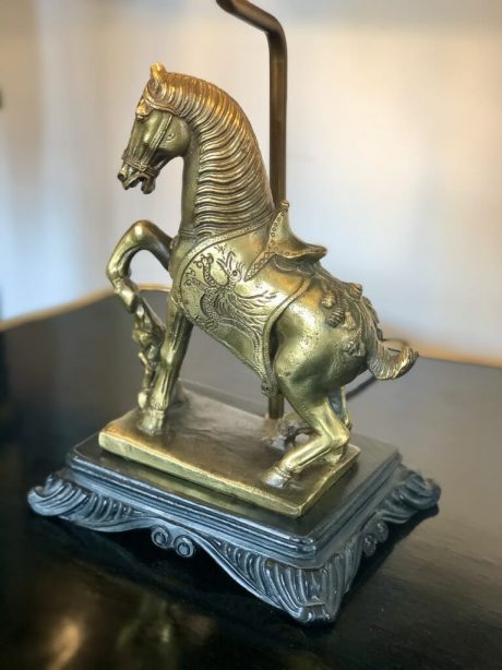 A mid-century brass Le Dauphin horse lamp