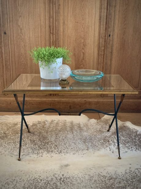 Bow and arrow gilt metal table with mirrored glass top c.1950