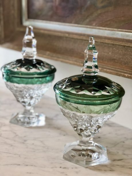 Val St Lambert green crystal lidded candy jar