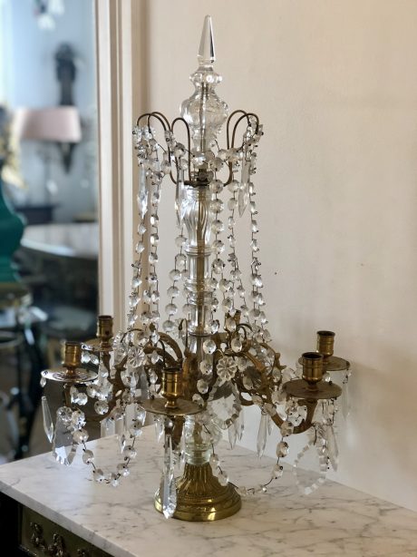 Pair of 19th century French brass and crystal girandoles c.1880