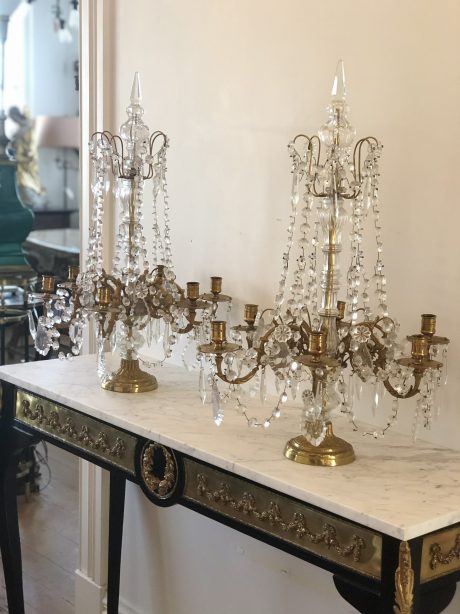 Pair of 19th century French brass and crystal girandoles c.1880