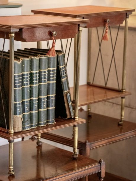 Vintage leather topped mahogany and brass bedside tables