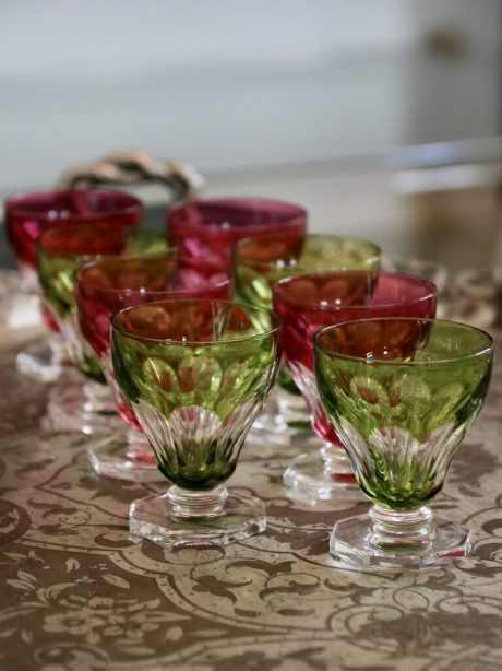 Set of eight Val St Lambert cranberry and lime crystal water glasses