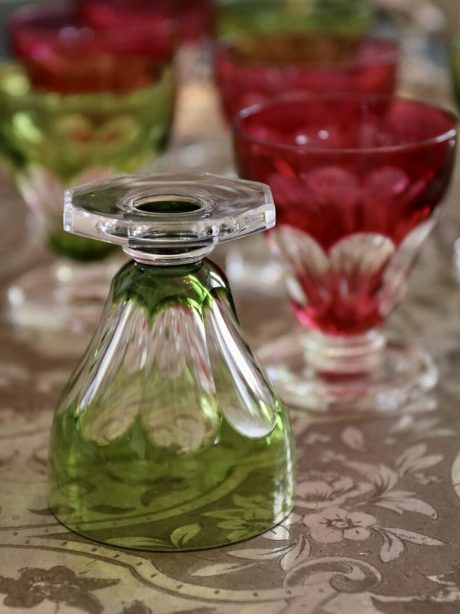 Set of eight Val St Lambert cranberry and lime crystal water glasses