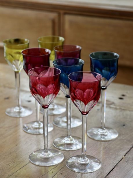 Set of eight mid century Val St Lambert crystal wine glasses
