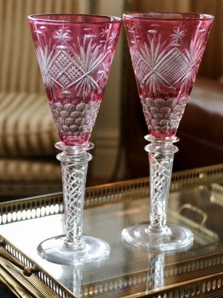 A pair of antique Val St Lambert cranberry crystal wedding vases