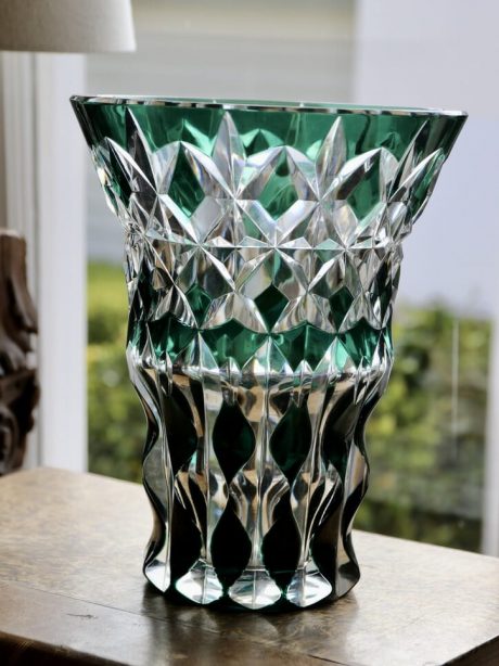 An Emerald Green Val St Lambert hand cut crystal vase