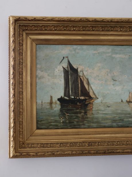 Antique Marine oil painting from Belgium in original gilded frame