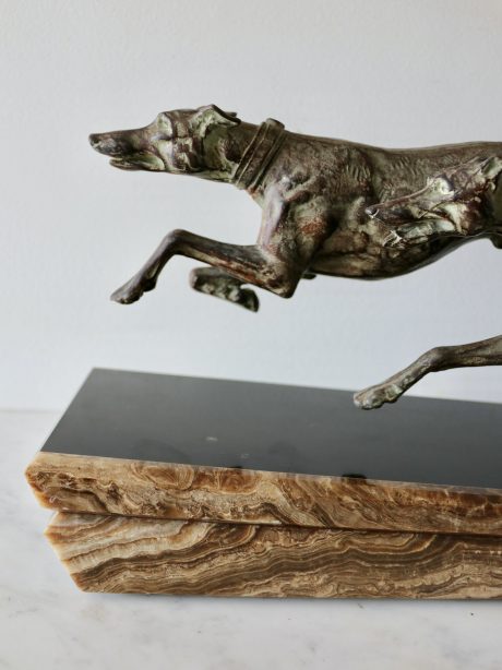 Art Deco Spelter Greyhounds on Marble and Onyx Base, Gilquart c.1920-30