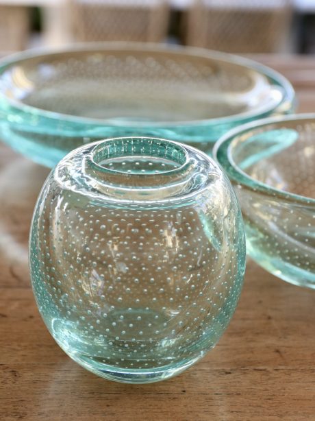 Trio of Val St Lambert aqua crystal bubble vase and bowls